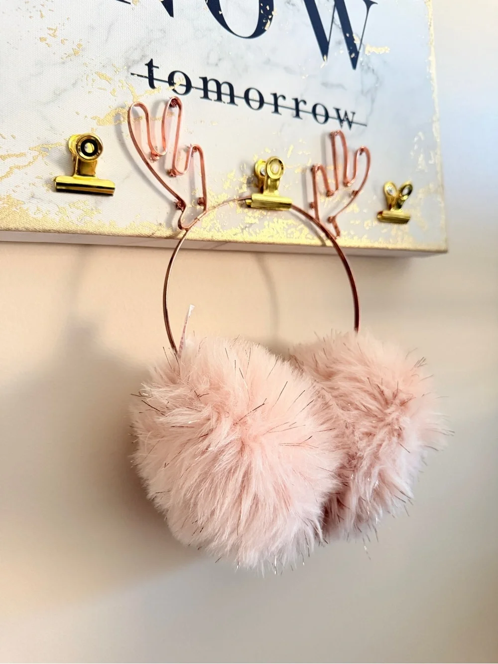 Cute Fluffy Pink Faux Fur Pink Earmuffs with Reindeer Antler Headband